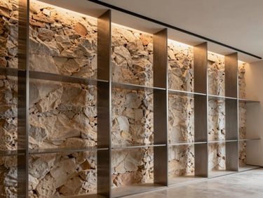 Interior renovation showing a historic wall integrated with modern minimalist steel and glass partitions, warm architectural lighting