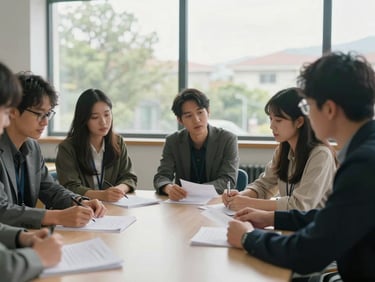Environmental shot of a small educator professional learning circle seated around a low table, hands on documents, diffused natural light from a wide classroom window
