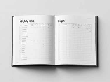 Highly structured brand guideline book open to a grid system page, straight-on framing, clean white surface, sharp shadows.