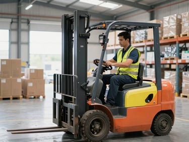 Worker operating a forklift in a clean modern warehouse, safety vest, natural light, focused