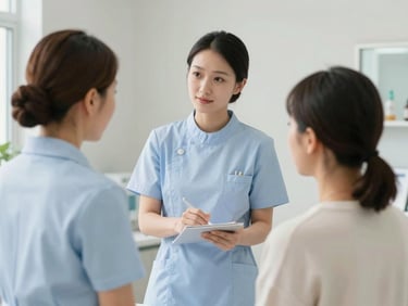 Nurse assisting a patient in a modern clinic, clean uniform, gentle lighting, professional