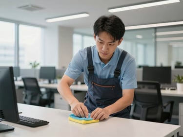 Cleaning professional in a modern office building, sanitizing a surface, bright corporate lighting, medium shot.