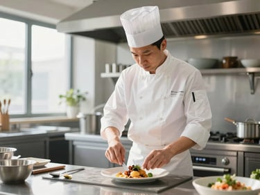 Professional chef in a modern, clean kitchen, focused on preparing a dish, bright natural daylight, medium shot.