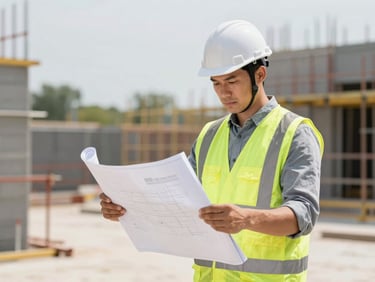 Construction worker reviewing blueprints on site, hard hat, safety vest, bright daylight, unposed