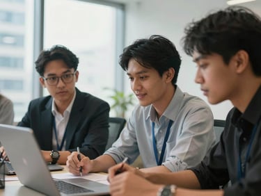 Medium close-up of young Indonesian professionals collaborating around a table in a bright, modern Jakarta office workshop, natural daylight, high clarity.