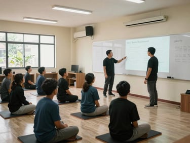 Wide environmental shot of an active training room in Jakarta, engaged Indonesian learners looking at a whiteboard, clean lighting, professional atmosphere.