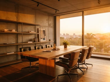 Saturated warm golden-hour sunlight spilling over a minimalist architectural meeting room, raw concrete walls, a large oak table, clean lines, high-end real estate office in Brazil, 35mm photography