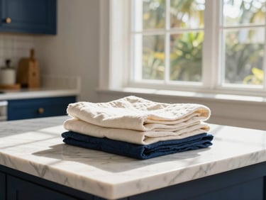 Bright sun-drenched Florida kitchen with white marble countertops, freshly folded linens on the side, warm natural light.