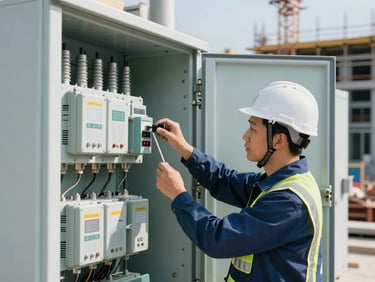 An engineer in a hardhat inspecting heavy-duty electrical switchgear on a construction site, with crisp daylight and sharp focus on the technical components.