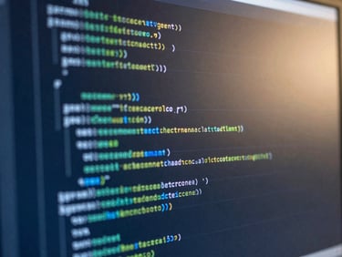 Abstract digital representation of code on a screen, with subtle glowing lines, industrial editorial photography, crisp daylight, cool blue and amber tones, sharp focus, technical detail, 35mm lens