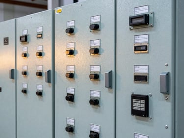 Detailed shot of heavy-duty industrial switchgear panels with clear labels and robust construction, industrial editorial photography, crisp daylight, cool blue and amber tones, sharp focus, technical detail, 35mm lens