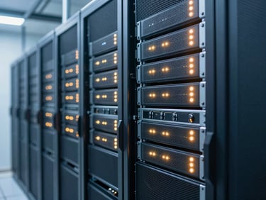 Clean server rack with blinking indicator lights in a modern data center, industrial editorial photography, crisp daylight, cool blue and amber tones, sharp focus, technical detail, 35mm lens