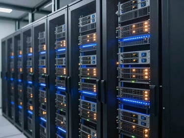 Inside a clean, modern enterprise data center, rows of servers with glowing indicator lights, cool blue industrial lighting, sharp focus, technical detail