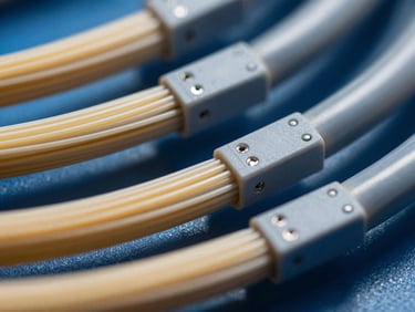 Close-up of fiber optic cables neatly bundled and connected, showing intricate technical detail, industrial editorial photography, crisp daylight, cool blue and amber tones, sharp focus, technical detail, 35mm lens