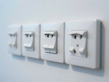 Close-up of modern electrical switches and sockets on a clean white wall, industrial editorial photography, crisp daylight, cool blue and amber tones, sharp focus, technical detail, 35mm lens