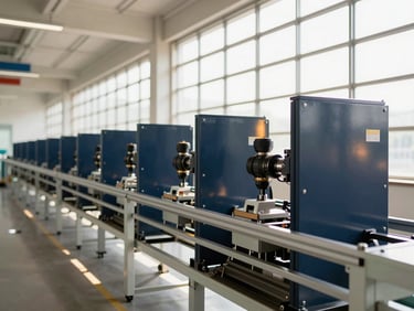 Wide environmental shot of a modern automated assembly line in India, bright natural daylight through high windows, clean industrial architecture