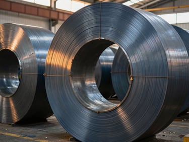 Close-up of industrial steel coils in a bright Delhi NCR manufacturing facility, warm ambient lighting, sharp focus, 35mm lens