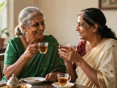 Two cheerful Indian senior women (60s) engaged in lively conversation over tea, warm natural light, comfortable and inviting atmosphere.
