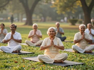 Group of active Indian seniors (60s-70s) enjoying a yoga session in a park, golden hour light, serene and joyful expressions.