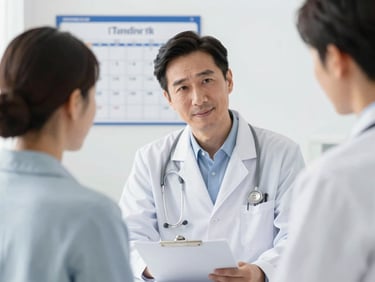 Doctor reviewing a patient's chart with a caring expression, a calendar visible in the background, warm and professional interaction, soft clinical light, blue and white tones.