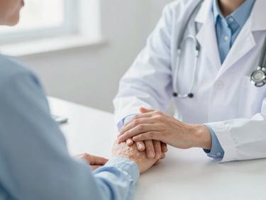 A doctor offering a comforting hand to an elderly patient during a consultation, gentle interaction, warm clinical light, shallow depth of field, blue and white tones.