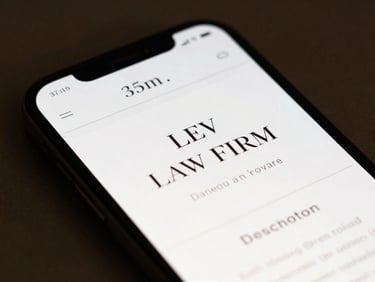 Sleek smartphone displaying a premium law firm website, macro focus on clean typography, dark charcoal tones, 35mm