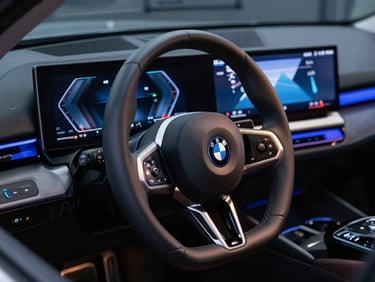 BMW steering wheel and modern digital dashboard display showing custom software settings, cool blue interior lighting, sharp focus