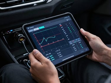 Hands holding a professional diagnostic tablet connected to a BMW OBD port, screen displaying technical diagnostic graphs, low-key lighting