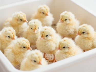 Close-up of healthy, active day-old yellow chicks in a clean, brightly lit incubation tray, shallow depth of field, warm clean tones, 35mm lens