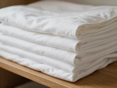 Close-up of neatly folded white cotton sheets on a wooden shelf, soft diffused lighting, clean aesthetic, 35mm