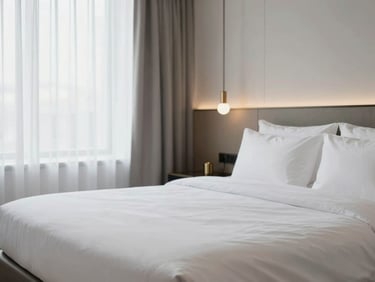 Minimalist luxury hotel suite bed with crisp white linens, soft natural window light, elegant modern bedroom interior, 35mm