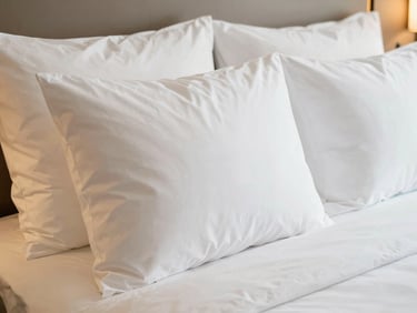 Deluxe hotel room interior, close-up of elegant pillows and crisp white sheets, warm diffused light, 35mm