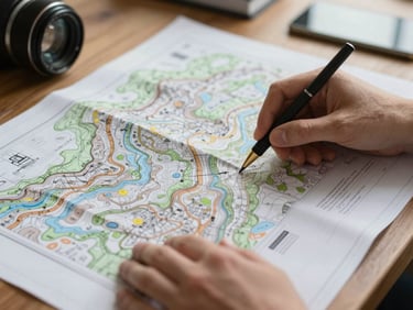 Close-up of hands analyzing a physical topographic map and technical blueprints on a wooden table, overcast natural light, focus on textures and lines.