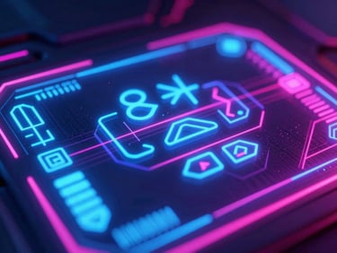 Close-up of a glowing runic HUD interface, electric blue and magenta lines, intricate holographic symbols, overlaying a dark, futuristic background.
