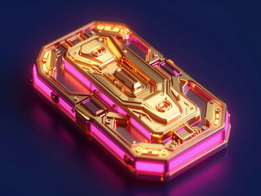 Close-up of an intricate, glowing cyber-relic, gold and magenta light reflecting on its metallic surface, deep shadow background. Vibrant 3D digital art, octane render.