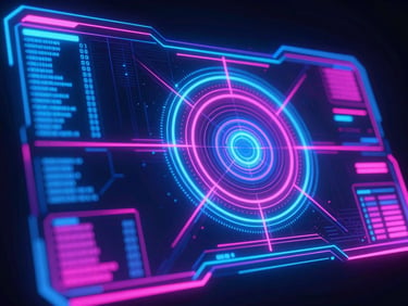 Intricate glowing holographic HUD interface, electric blue and magenta lines, data flowing, digital runes, deep midnight background. Vibrant 3D digital art, octane render.