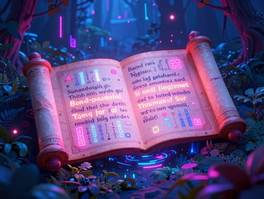 Ancient glowing scroll with digital runes, light emanating from its text, surrounded by deep forest foliage and futuristic data streams. Vibrant 3D digital art, octane render.