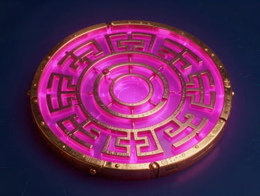 Highly detailed 3D digital relic, gold and dark metal, glowing with internal magenta energy, intricate ancient patterns, on a dark, textured surface.