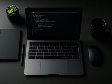 Overhead flat-lay of a dark developer workspace with a laptop showing a REST API response in terminal, clean desk, minimal accessories, sharp ambient light