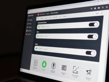Screen-focused close-up of a dark web application showing a workflow automation UI with status indicators and toggle controls, precise studio lighting on screen