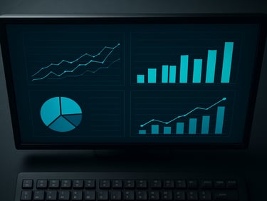 Close-up overhead view of a dark monitor displaying a data dashboard interface with cyan UI elements, keyboard partially visible at bottom edge, sharp studio lighting