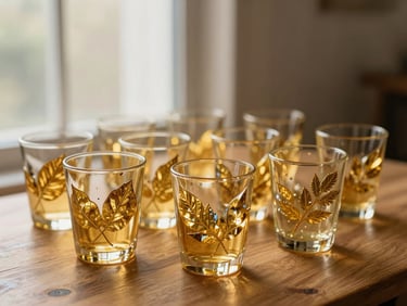 Ensemble de dessous de verre en résine époxy et bois, avec des motifs de feuilles d'or et de pigments nacrés, disposés sur une table en bois clair, éclairés par une lumière douce et diffuse de fenêtre.