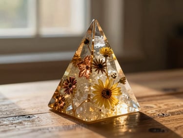 Orgonite pyramidale en résine époxy, avec des couches de cuivre, de quartz et de fleurs séchées, la lumière dorée du soleil de l'aube la traversant, créant des reflets mystiques, sur une table en bois brut.