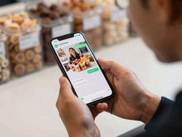 Over-the-shoulder shot of a friendly sales representative typing a message on a smartphone, showing a clear WhatsApp chat interface with a client ordering bulk sweets.