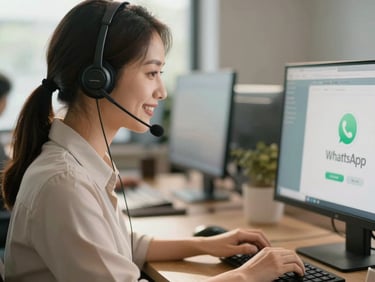 Medium close-up of a friendly sales operator wearing a modern headset, smiling naturally in a warm, sunlit office environment, typing on a screen with active WhatsApp web.