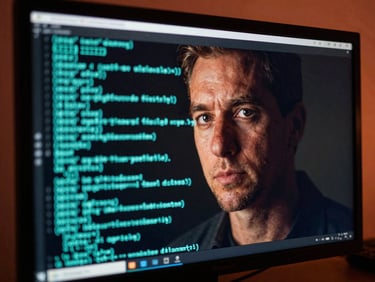 Dramatic chiaroscuro macro shot of an electric cyan code interface on a monitor, reflecting on a focused leader's face with warm terracotta ambient lighting, high contrast.