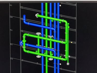 Revit model screenshot showing a complex building system with electrical conduits, SPDA elements, and hydraulic pipes integrated, high-contrast dark mode, electric blue and neon green accents, technical rendering, 8k resolution