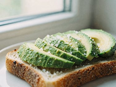 Close-up of sourdough toast with sliced avocado, garnished with sea salt, soft side-lit window daylight, rich cream tones, shallow depth of field, 35mm film