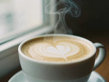 Close-up of a macchiato in a small ceramic cup, steam rising, soft side-lit window daylight, rich espresso and cream tones, shallow depth of field, 35mm film