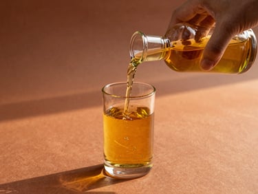 Hands in subtle motion pouring golden oil into a heavy glass vial, warm sunset light casting long shadows on terracotta background.